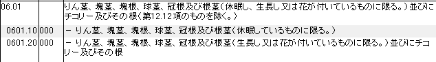 0601 りん茎、塊茎、塊根、球茎、冠根及び根茎、チコリー HSコード一覧