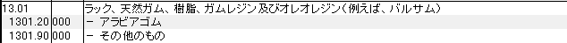 1301 ラック、天然ガム、樹脂、ガムレジン、オレオレジン、バルサム HSコード一覧