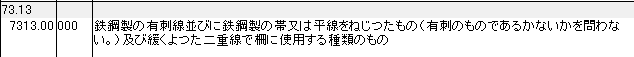 7313 鉄鋼製の有刺線、鉄鋼帯や平線をねじったもの、柵用のねじった鉄鋼線 HSコード一覧