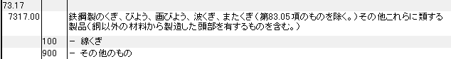 7317 鉄鋼製の釘、鋲、画鋲、波くぎ、またくぎ HSコード一覧