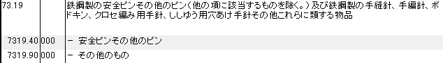 7319 鉄鋼製の安全ピン、手縫針、手編針、ボドキン、クロセ編み用手針、刺繍用穴あけ手針 HSコード一覧